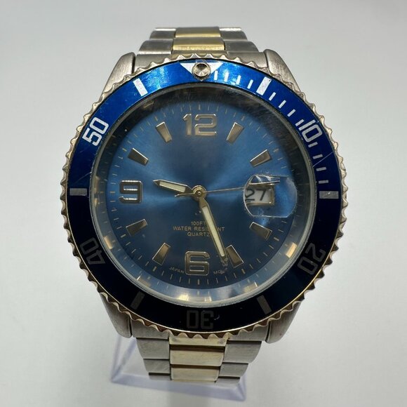 Puritan Watch Men Two Tone Silver Gold Blue Dial Date Window New Battery 8.25" - Picture 1 of 12
